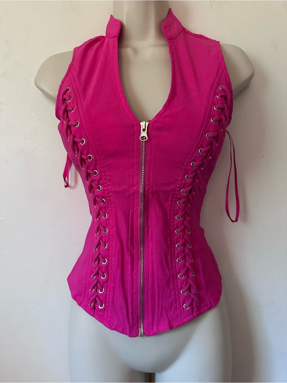 Fuchsia Lace-Up Zip Front Women's Corset Top